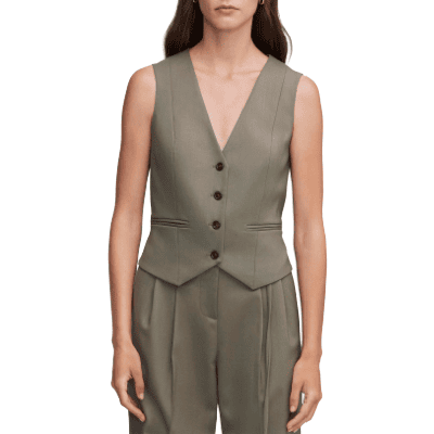 woman wears gray seasonless wool suiting vest