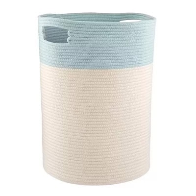 A woven hamper with handles; it has a top blue stripe and cream lower part