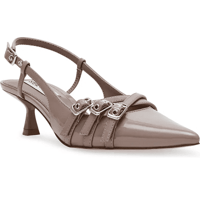 taupe slingback heel in patent leather with three criss-crossy buckles across the vamp