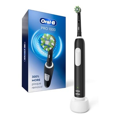 A box for an Oral-B rechargeable electric toothbrush and the black toothbrush next to it