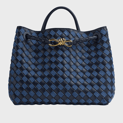 denim Bottega bag with woven leather in both black and navy