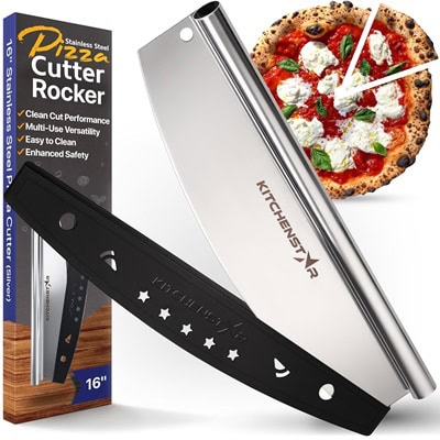 a metal pizza cover and its black cover, the package for the pizza cutter, and a margherita pizza 
