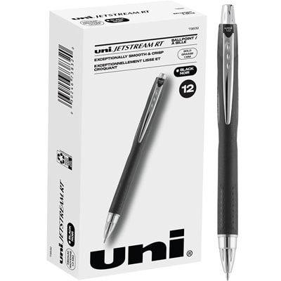 A box of Uniball Jetstream black ballpoint pens next to a box of them