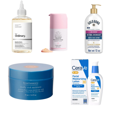collage of cold-weather skincare products