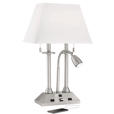 nickel desk lamp with two light bulbs, a focus light, 4 USB ports and a power plug