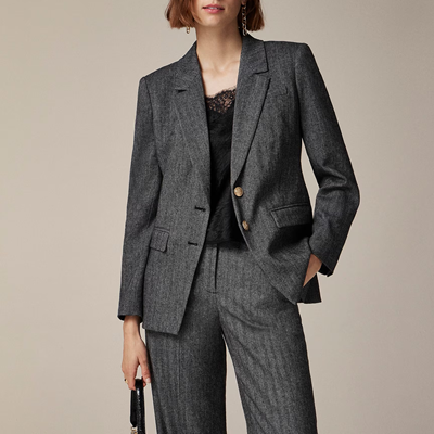 charcoal pantsuit in herringbone