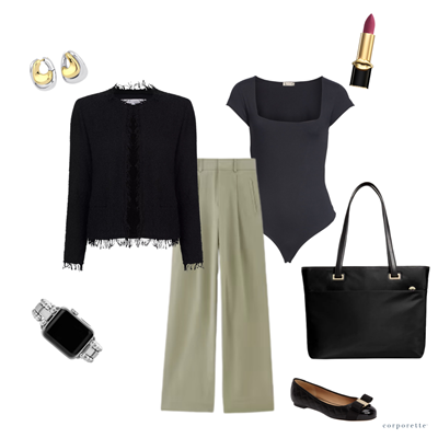 a flatlay collage showing green wide leg pants, a black bodysuit, and a black Chanel-like jacket with a silver Apple watch, gold/silver mixed metal earrings, a laptop tote, and black flats