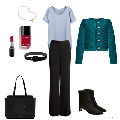 flatlay collage showing wide black trousers worn with a silk blouse, green-blue sweater jacket, red lips and nails, a chunky pearl necklace, a black suede belt, black boots, and a black tote