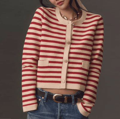 rd and white striped lady sweater jacket