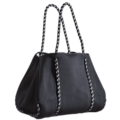 black perforated neoprene tote with black and white handles