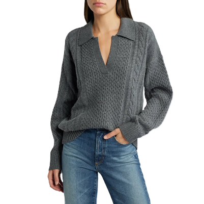 gray cabled sweater with V-neck and Johnny collar