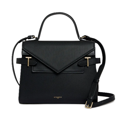 black leather handbag with triangular flap and buckles