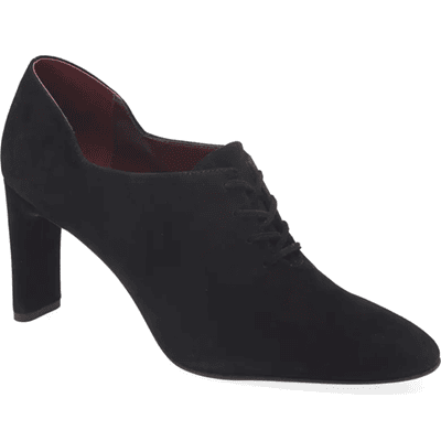 black suede shootie heeled oxford shoe