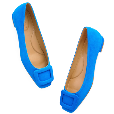 bright blue suede flats with a square buckle on vamp