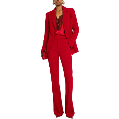 woman wears red pantsuit with red camisole