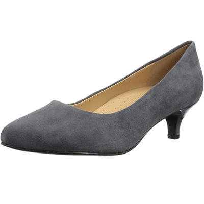 one of the best low heel work shoes in gray suede