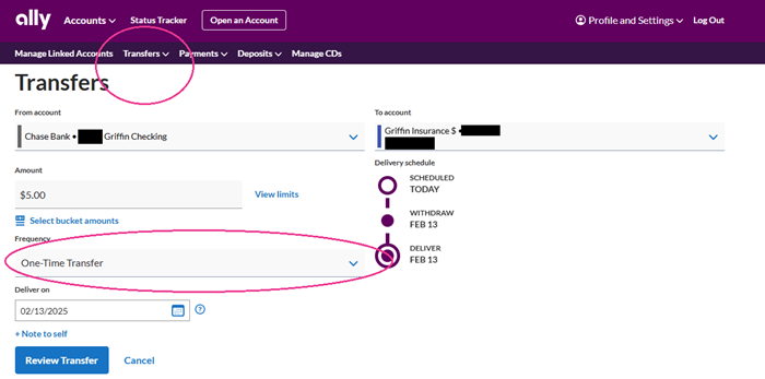 screenshot shows which parts of the screen to look at when setting up a repeating transfer for a sinking fund in Ally