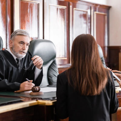a young female lawyer speaks with a judge and an older woman lawyer; they might just be talking about the best courtroom attire for women lawyers