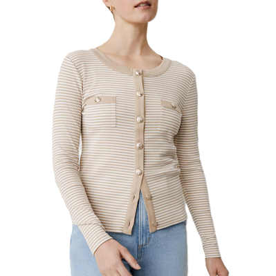 woman wears cute striped top for work, a beige and white striped sweater knit jacket from Ann Taylor with buttons