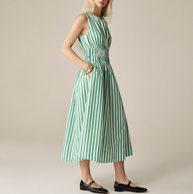 green and white dress with cinched waist