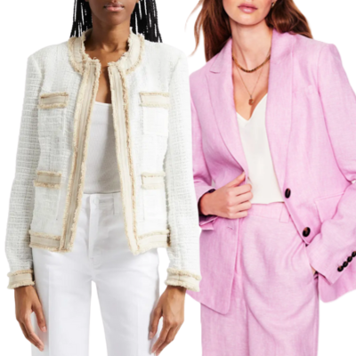 collage of 2 toppers for work outfits