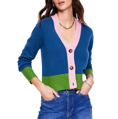 colorblocked wool sweater in light pink, medium blue, and medium green
