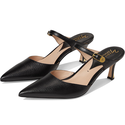 black heeled mules with Mary Jane strap
