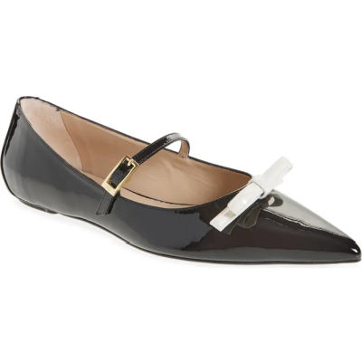 black patent pointy toed Mary Jane flat with white bow