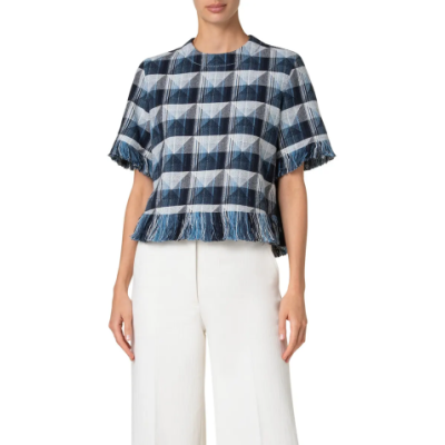 unusual tweed-y top with short sleeves and frilled hem, it features an unusual rhombus pattern in grays and blues