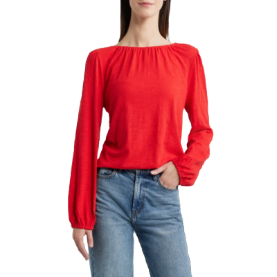 red cotton top with gathered cuffs and at neckline