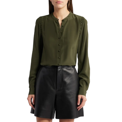 olive silk blouse with lace detail at shoulder