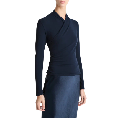 navy wrap top with long sleeves