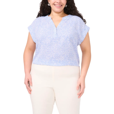 blue and white blouse with capsleeves
