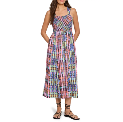 multicolored maxi dress worn with very strappy sandals