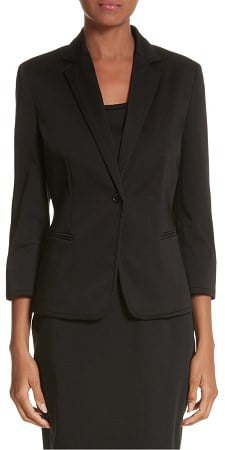 black Max Mara suit with three-quarter sleeved blazer