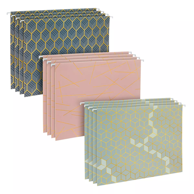 decorative hanging file folders with three patterns: gold and blue, pink and gold, and minty green and gold