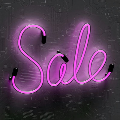 neon purple sign reads SALE in cursive