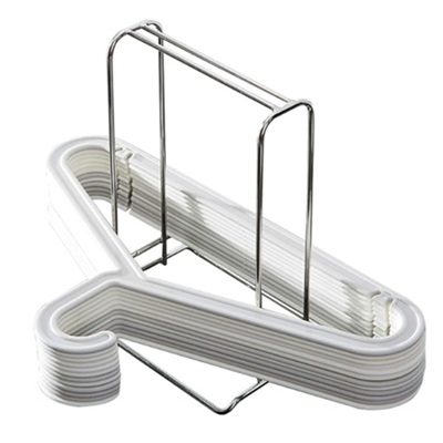 A stack of white hangers on a metal rack