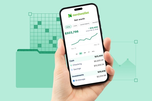 A phone screenshot of NerdWallet's personal finance tool and a green background with icons