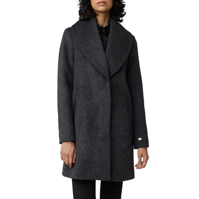 gray wool coat with large shawl collar and removable leather bib