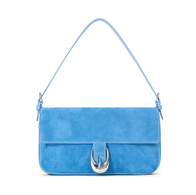 blue suede shoulder bag