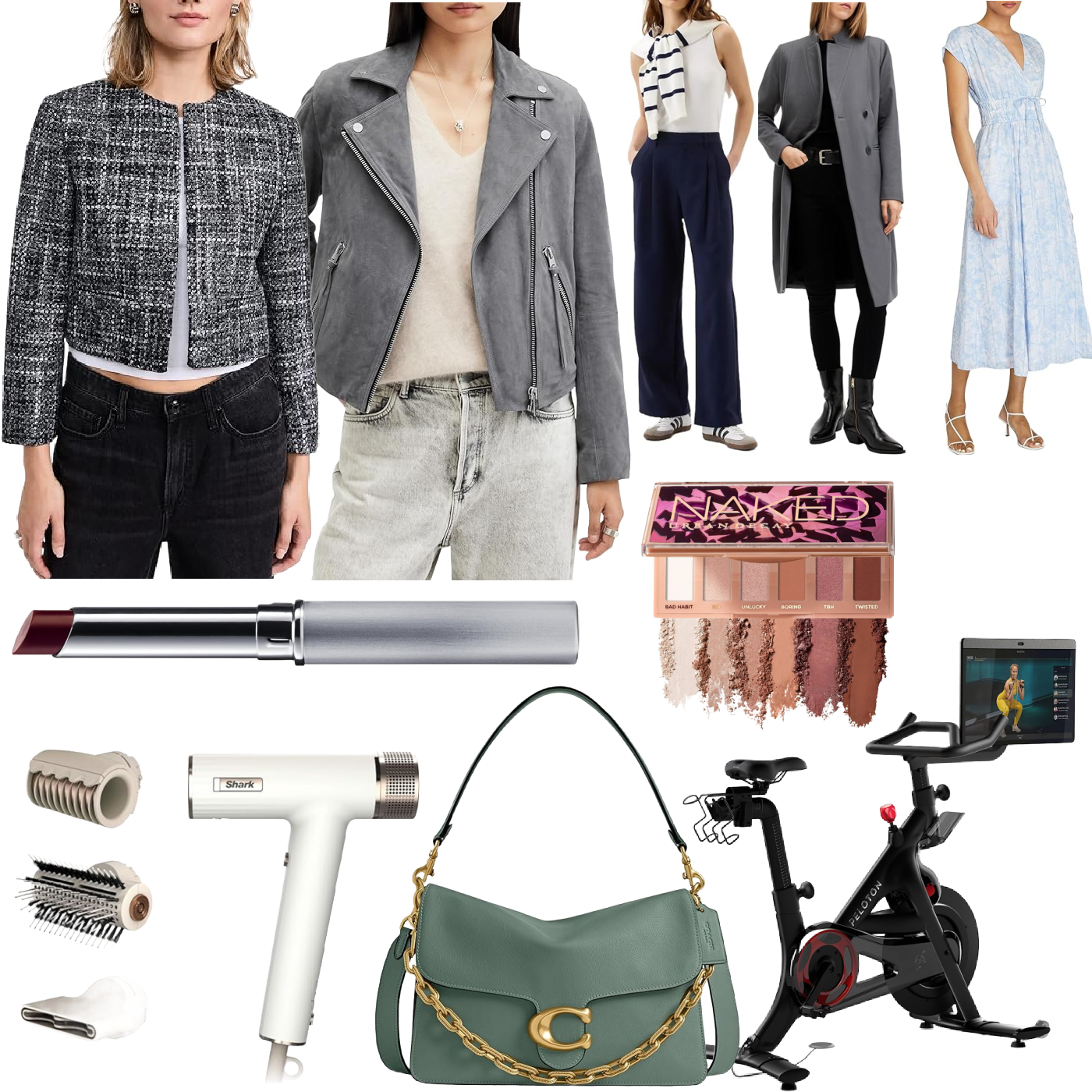 collage of items on sale in the Amazon Prime Day sales in 2025, including (clockwise) 1) coat from Theory 2) suede coat from All Saints 3) trousers from Gap 4) wool cashmere coat from All Saints, 5) blue dress from Club Monaco, 6) Naked eyeshadow palette, 7) Peloton, 8) green Coach bag, 9) Shark hairdryer, 10) Black Honey lip gloss