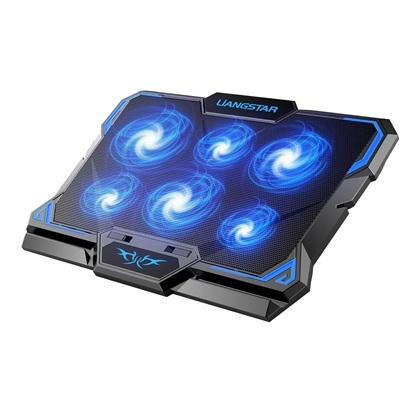 A black laptop cooling stand with blue LEDs