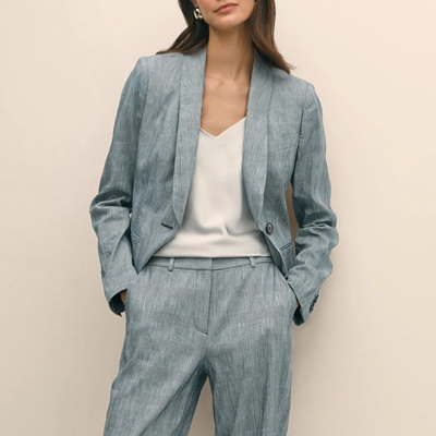 light blue patterned linen blend suit