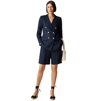 model looks unsure about wearing a shorts suits to work
