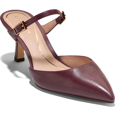 dark red heel with strap and no back