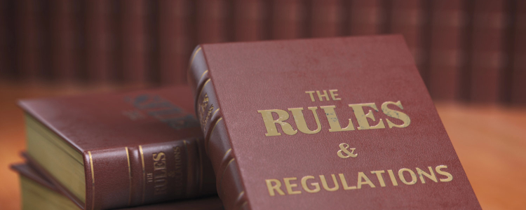 stack of books with one tilted; the title reads THE RULES & REGULATIONS (possibly, the rules of office fashion!)