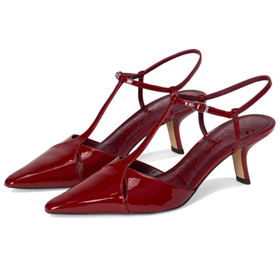 dark red patent T-strap kitten heels