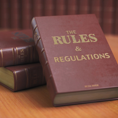 stack of books with one tilted; the title reads THE RULES & REGULATIONS (possibly, the rules of office fashion!)
