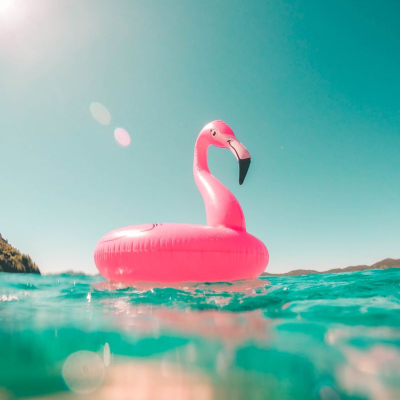 pink flamingo inflatable floats on a blue body of water (lake?)